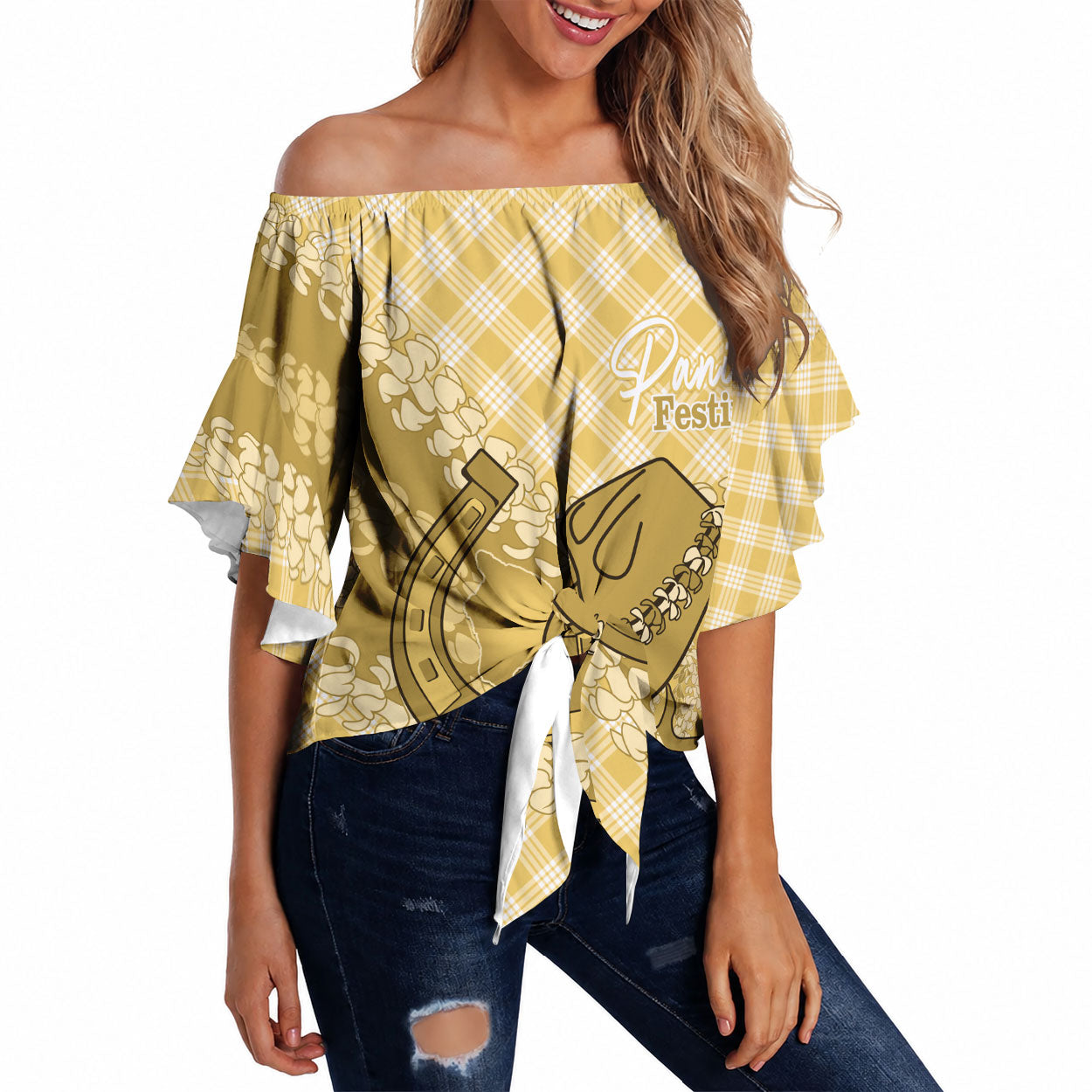 Melemele Hawaii Cowboy Palaka Motifs Personalised Off Shoulder Wrap Waist Top Paniolo Festival Puakenikeni Lei