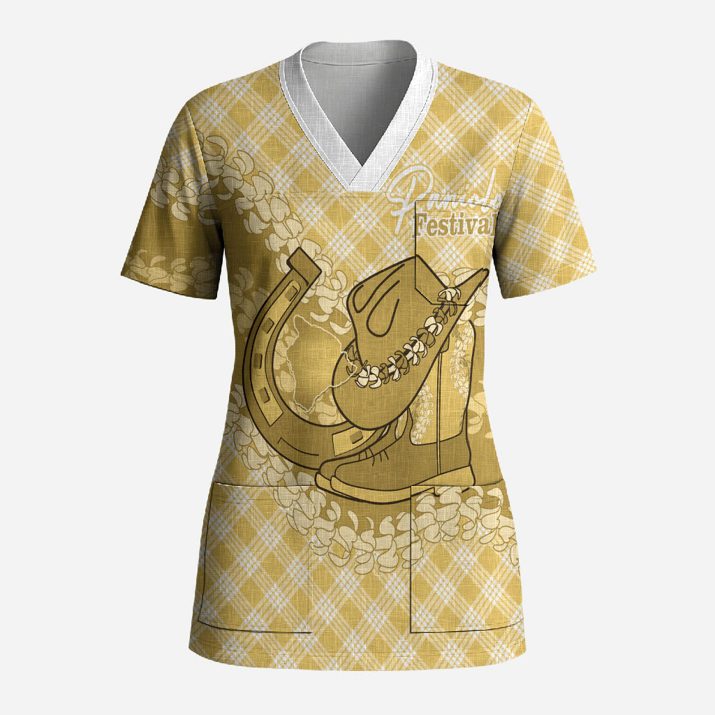 Melemele Hawaii Cowboy Palaka Motifs Personalised Scrub Top Paniolo Festival Puakenikeni Lei LT14 Adult Yellow - Polynesian Pride