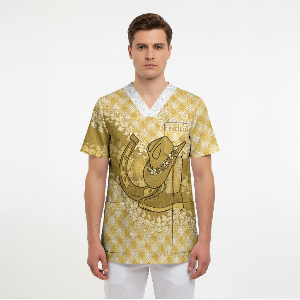 Melemele Hawaii Cowboy Palaka Motifs Personalised Scrub Top Paniolo Festival Puakenikeni Lei LT14 - Polynesian Pride