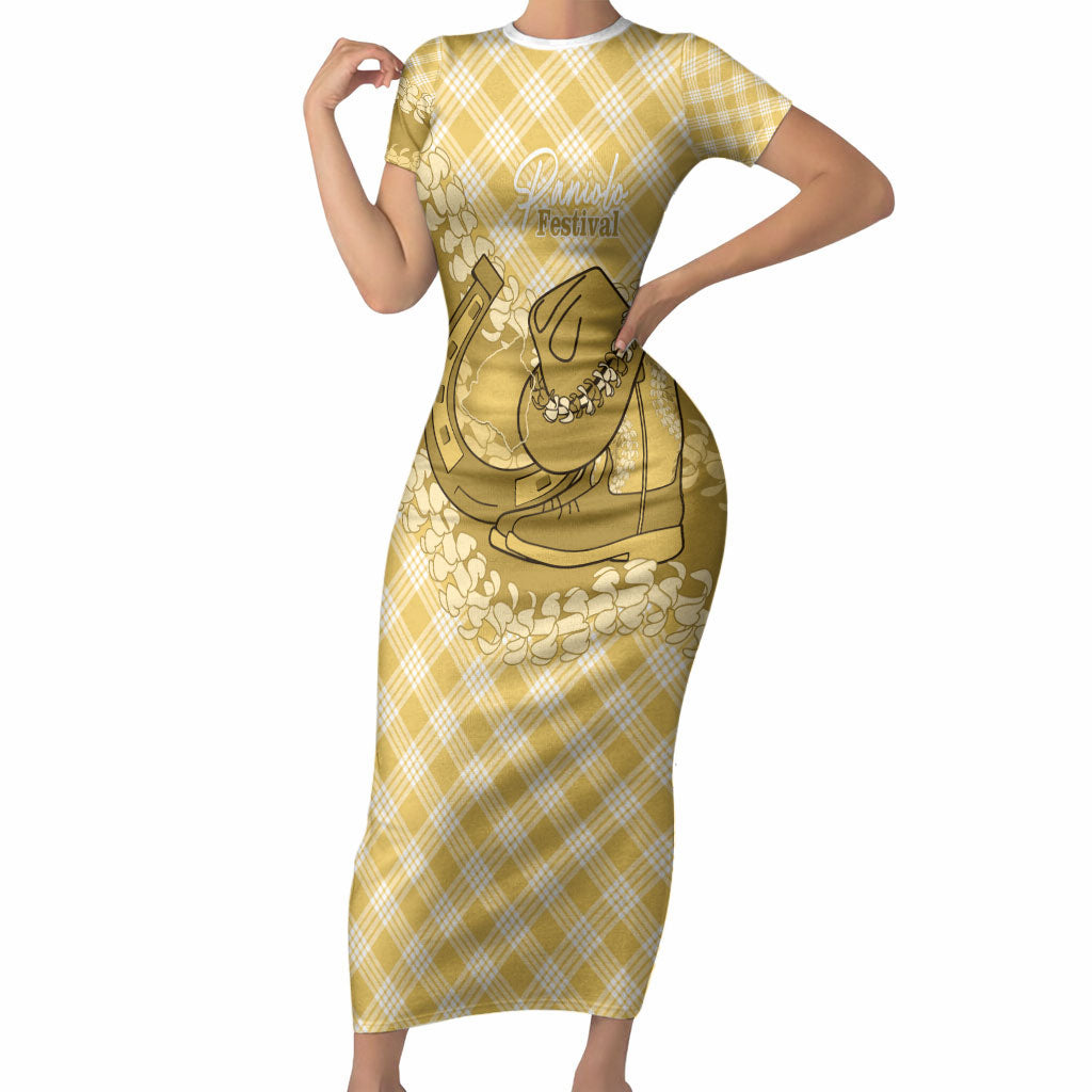 Melemele Hawaii Cowboy Palaka Motifs Personalised Short Sleeve Bodycon Dress Paniolo Festival Puakenikeni Lei LT14 Long Dress Yellow - Polynesian Pride
