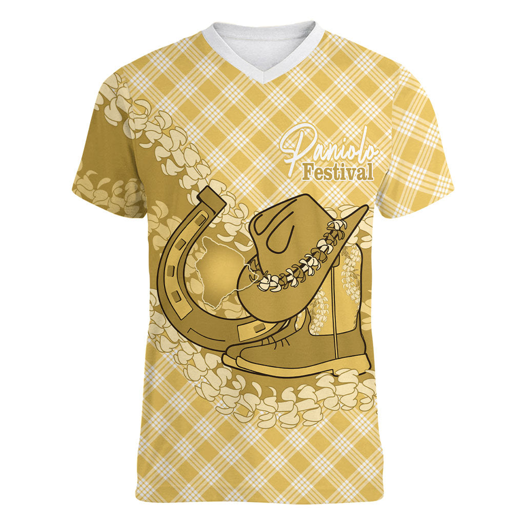 Melemele Hawaii Cowboy Palaka Motifs Personalised Women V-Neck T-Shirt Paniolo Festival Puakenikeni Lei
