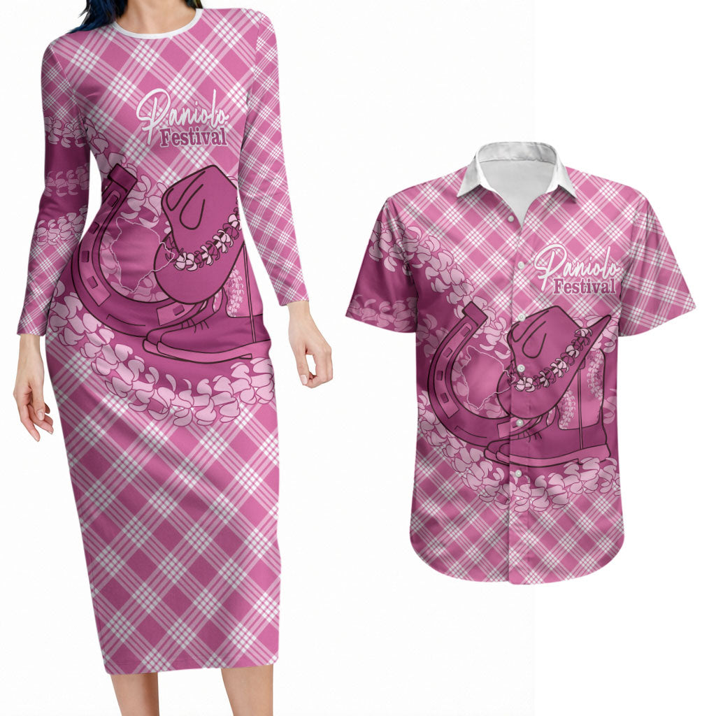 Alaka Hawaii Cowboy Palaka Motifs Personalised Couples Matching Long Sleeve Bodycon Dress and Hawaiian Shirt Paniolo Festival Puakenikeni Lei LT14 Pink - Polynesian Pride