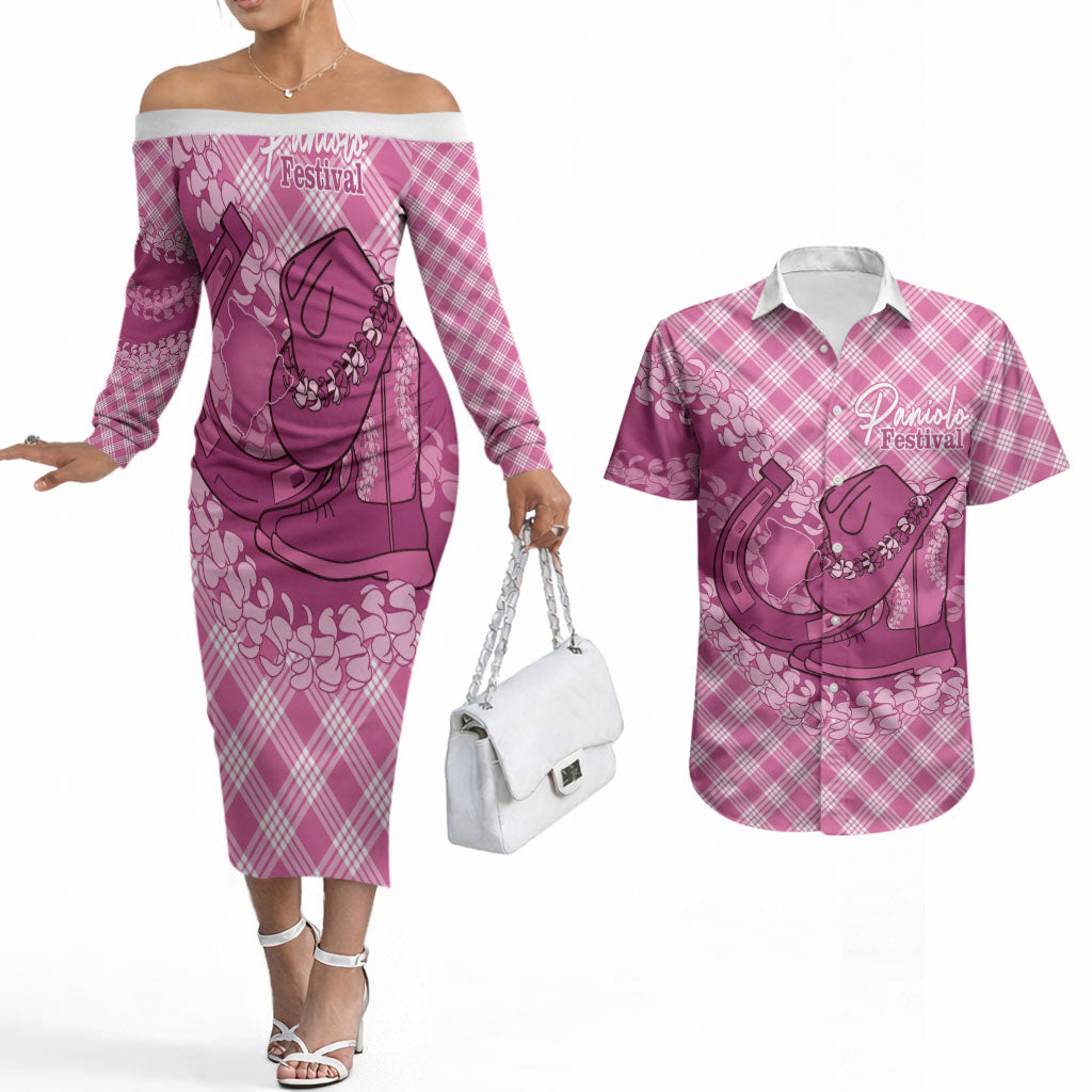 Alaka Hawaii Cowboy Palaka Motifs Personalised Couples Matching Off The Shoulder Long Sleeve Dress and Hawaiian Shirt Paniolo Festival Puakenikeni Lei LT14 Pink - Polynesian Pride