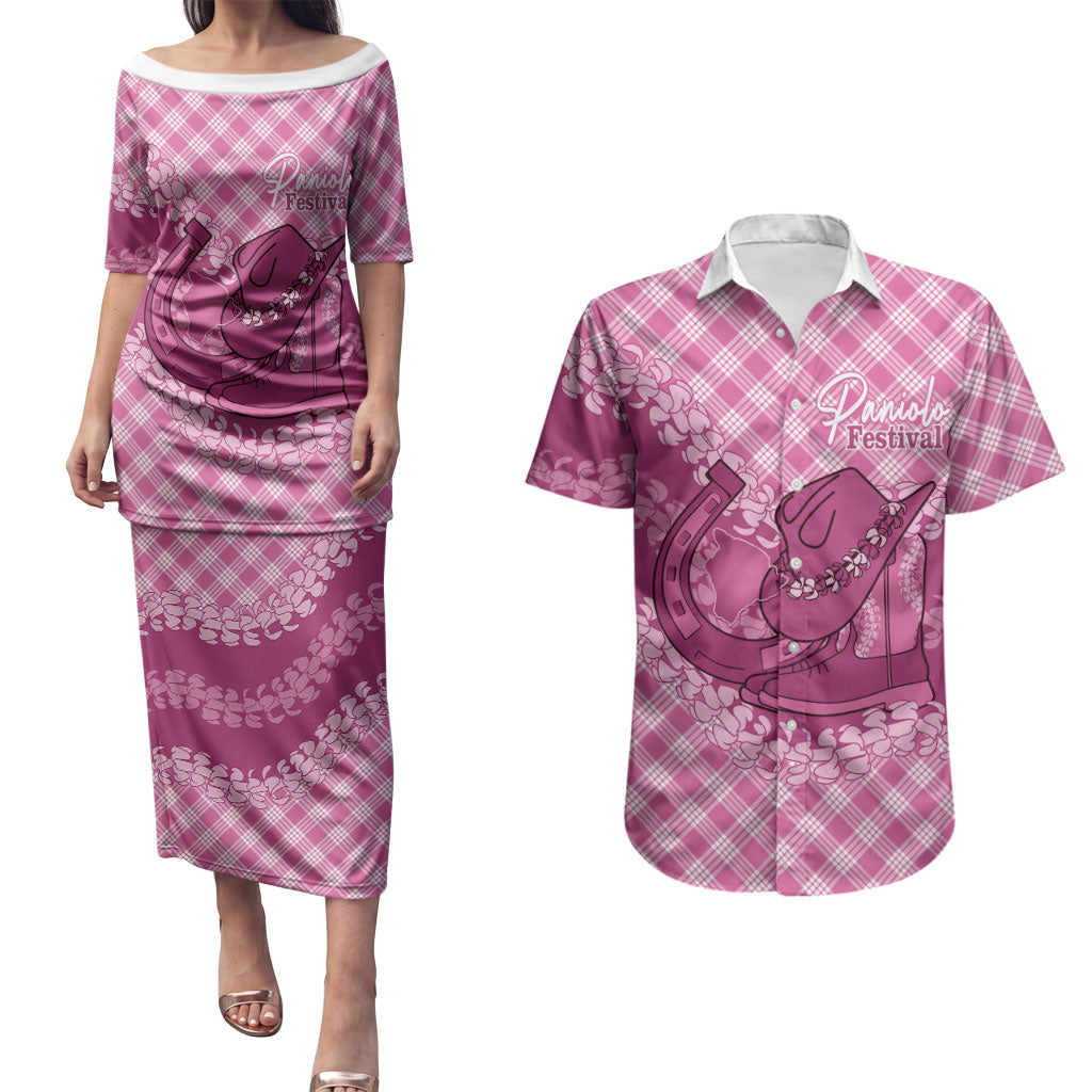Alaka Hawaii Cowboy Palaka Motifs Personalised Couples Matching Puletasi and Hawaiian Shirt Paniolo Festival Puakenikeni Lei LT14 Pink - Polynesian Pride