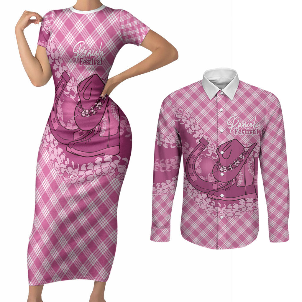 Alaka Hawaii Cowboy Palaka Motifs Personalised Couples Matching Short Sleeve Bodycon Dress and Long Sleeve Button Shirt Paniolo Festival Puakenikeni Lei LT14 Pink - Polynesian Pride