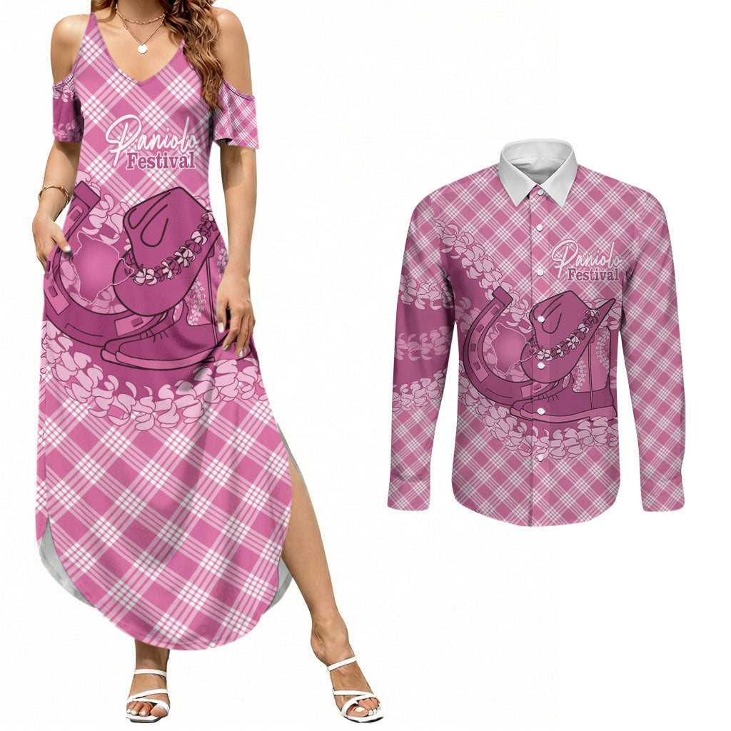 Alaka Hawaii Cowboy Palaka Motifs Personalised Couples Matching Summer Maxi Dress and Long Sleeve Button Shirt Paniolo Festival Puakenikeni Lei LT14 Pink - Polynesian Pride