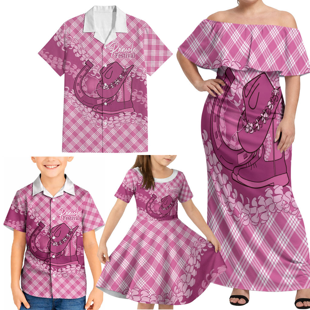 Alaka Hawaii Cowboy Palaka Motifs Personalised Family Matching Off Shoulder Maxi Dress and Hawaiian Shirt Paniolo Festival Puakenikeni Lei LT14 - Polynesian Pride