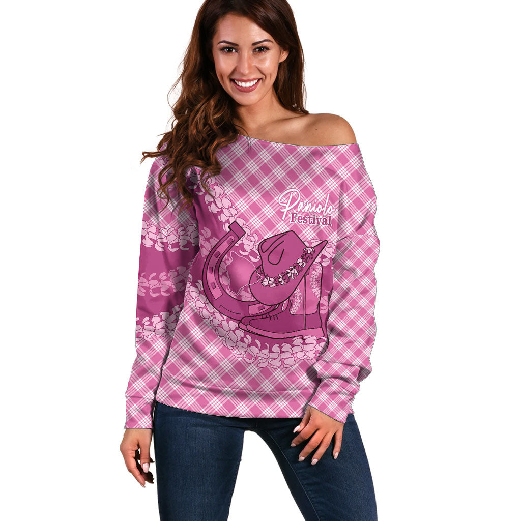 Alaka Hawaii Cowboy Palaka Motifs Personalised Off Shoulder Sweater Paniolo Festival Puakenikeni Lei