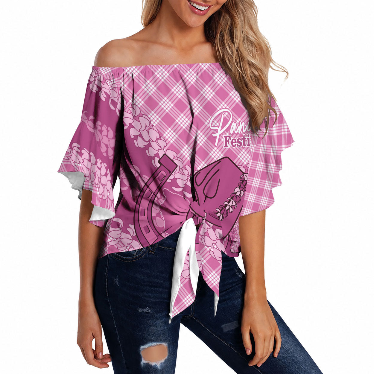 Alaka Hawaii Cowboy Palaka Motifs Personalised Off Shoulder Wrap Waist Top Paniolo Festival Puakenikeni Lei