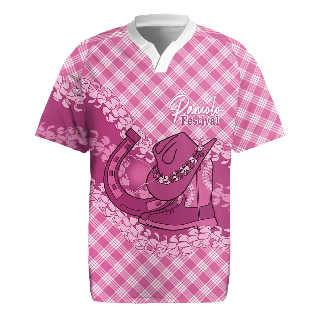 Alaka Hawaii Cowboy Palaka Motifs Personalised Rugby Jersey Paniolo Festival Puakenikeni Lei LT14 Pink - Polynesian Pride