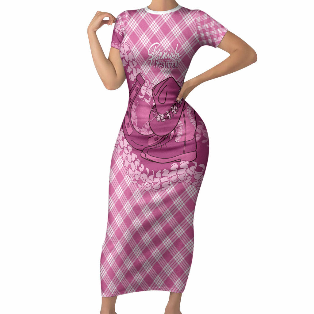 Alaka Hawaii Cowboy Palaka Motifs Personalised Short Sleeve Bodycon Dress Paniolo Festival Puakenikeni Lei LT14 Long Dress Pink - Polynesian Pride