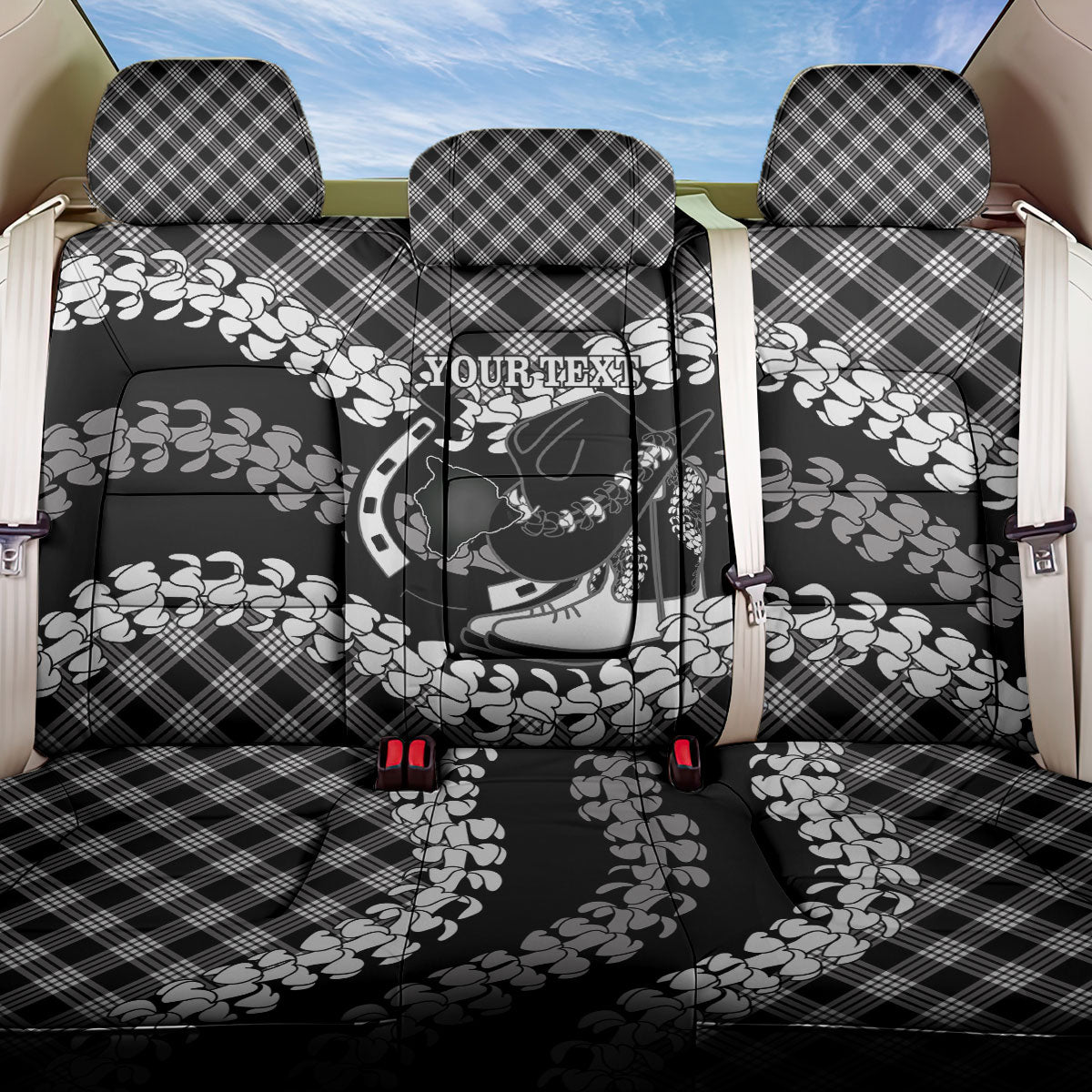 Eleele Hawaii Cowboy Palaka Motifs Personalised Back Car Seat Cover Paniolo Festival Puakenikeni Lei LT14 One Size Black - Polynesian Pride