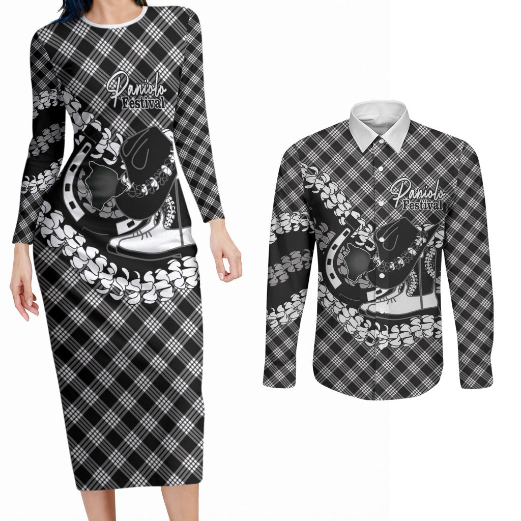 Eleele Hawaii Cowboy Palaka Motifs Personalised Couples Matching Long Sleeve Bodycon Dress and Long Sleeve Button Shirt Paniolo Festival Puakenikeni Lei LT14 Black - Polynesian Pride