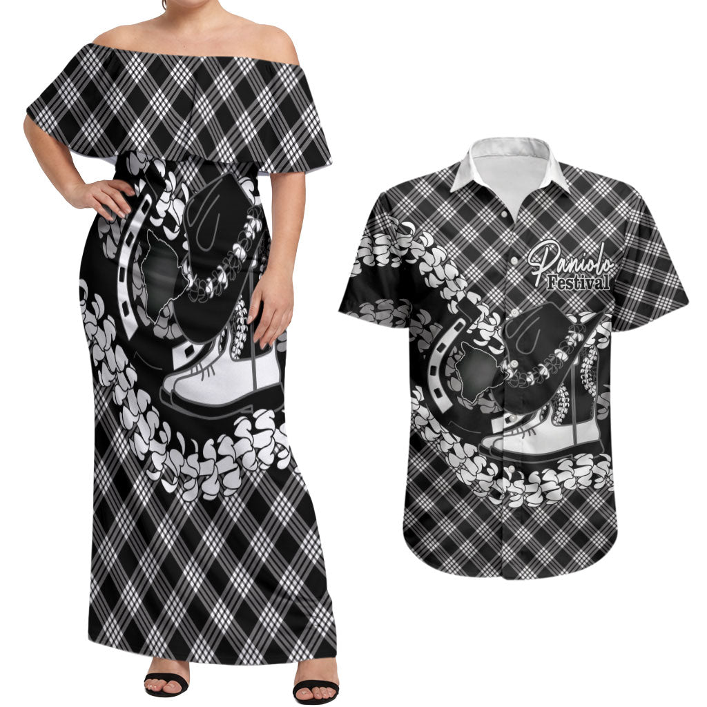 Eleele Hawaii Cowboy Palaka Motifs Personalised Couples Matching Off Shoulder Maxi Dress and Hawaiian Shirt Paniolo Festival Puakenikeni Lei LT14 Black - Polynesian Pride