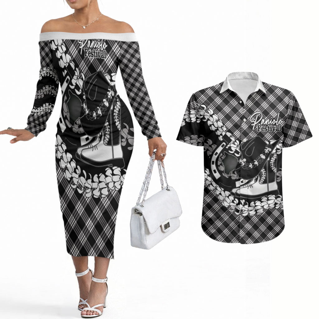 Eleele Hawaii Cowboy Palaka Motifs Personalised Couples Matching Off The Shoulder Long Sleeve Dress and Hawaiian Shirt Paniolo Festival Puakenikeni Lei LT14 Black - Polynesian Pride