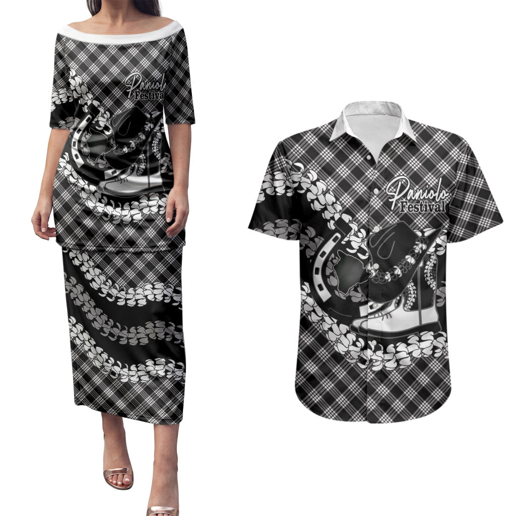 Eleele Hawaii Cowboy Palaka Motifs Personalised Couples Matching Puletasi and Hawaiian Shirt Paniolo Festival Puakenikeni Lei LT14 Black - Polynesian Pride