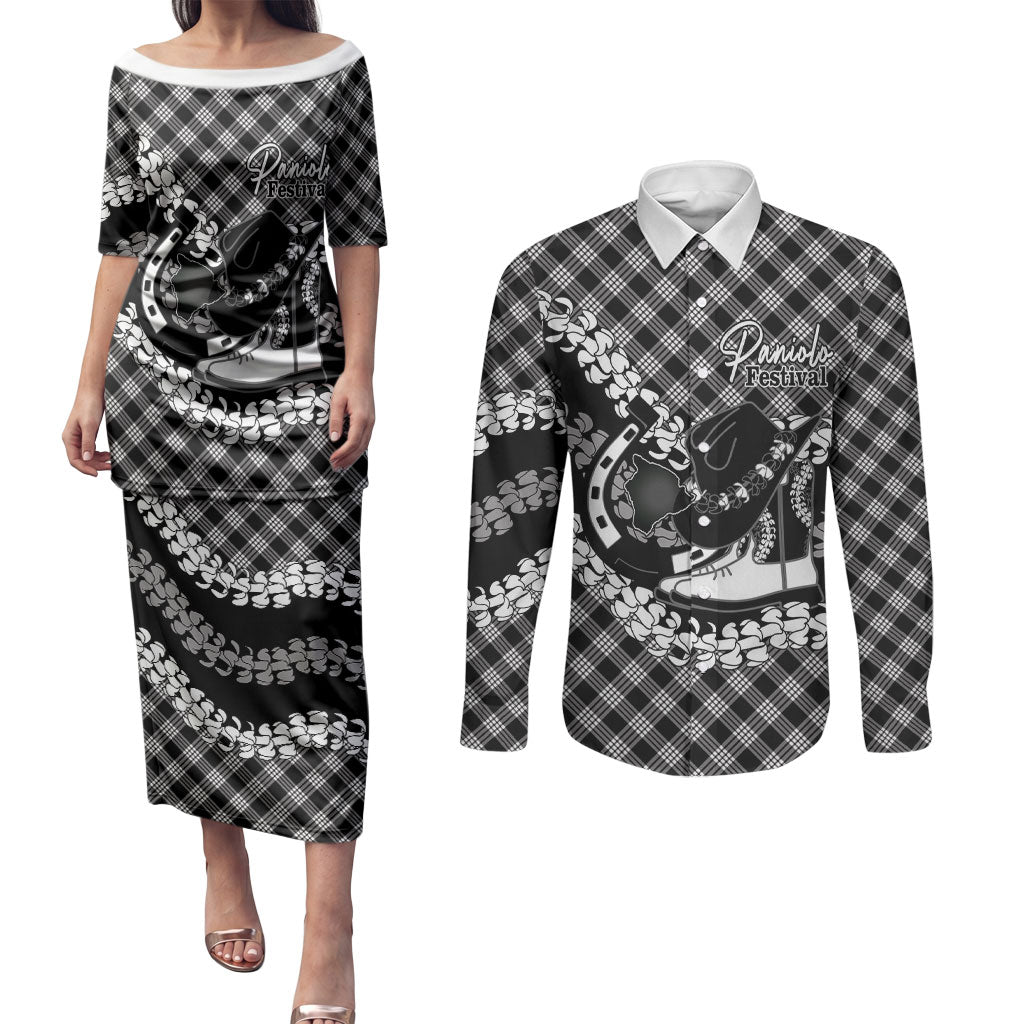Eleele Hawaii Cowboy Palaka Motifs Personalised Couples Matching Puletasi and Long Sleeve Button Shirt Paniolo Festival Puakenikeni Lei