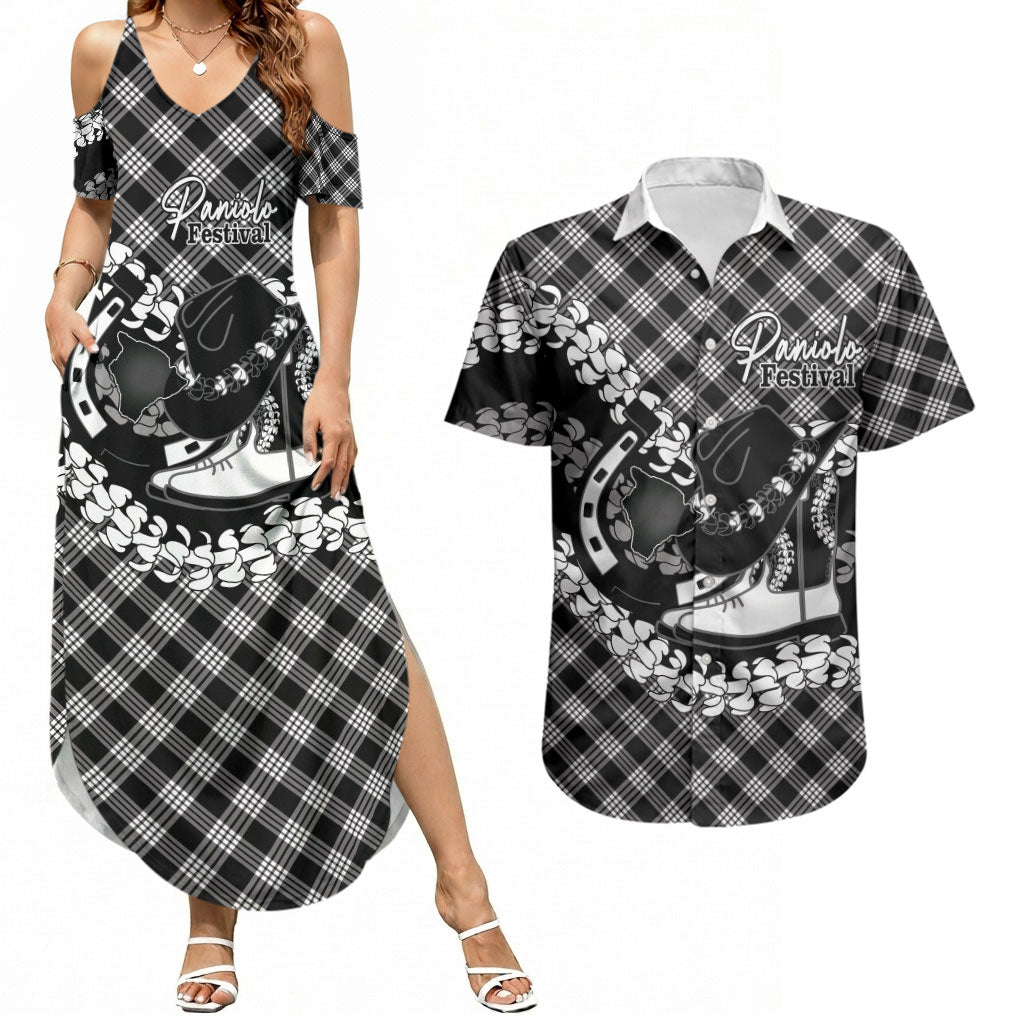 Eleele Hawaii Cowboy Palaka Motifs Personalised Couples Matching Summer Maxi Dress and Hawaiian Shirt Paniolo Festival Puakenikeni Lei LT14 Black - Polynesian Pride