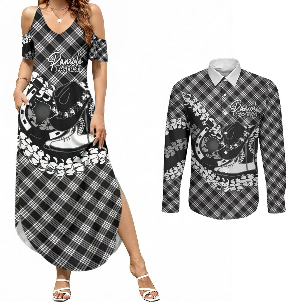 Eleele Hawaii Cowboy Palaka Motifs Personalised Couples Matching Summer Maxi Dress and Long Sleeve Button Shirt Paniolo Festival Puakenikeni Lei