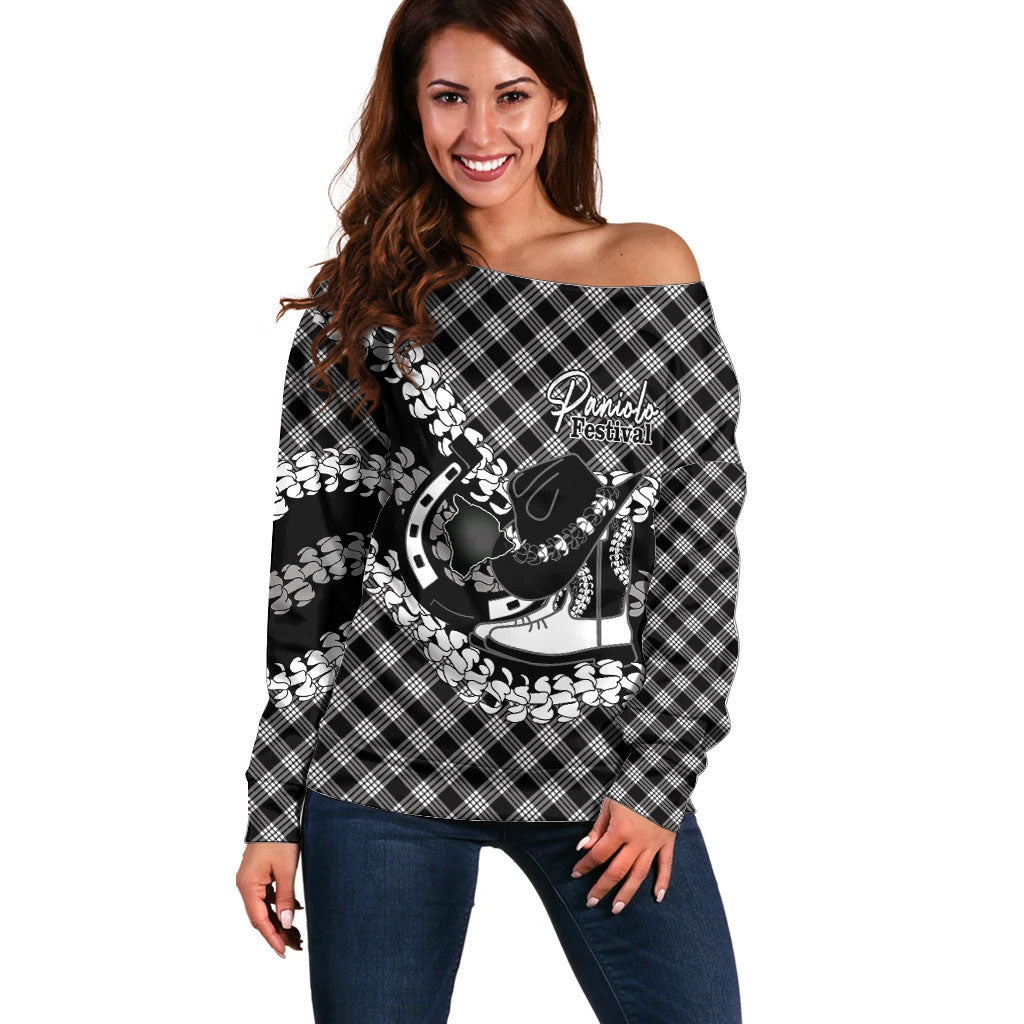 Eleele Hawaii Cowboy Palaka Motifs Personalised Off Shoulder Sweater Paniolo Festival Puakenikeni Lei