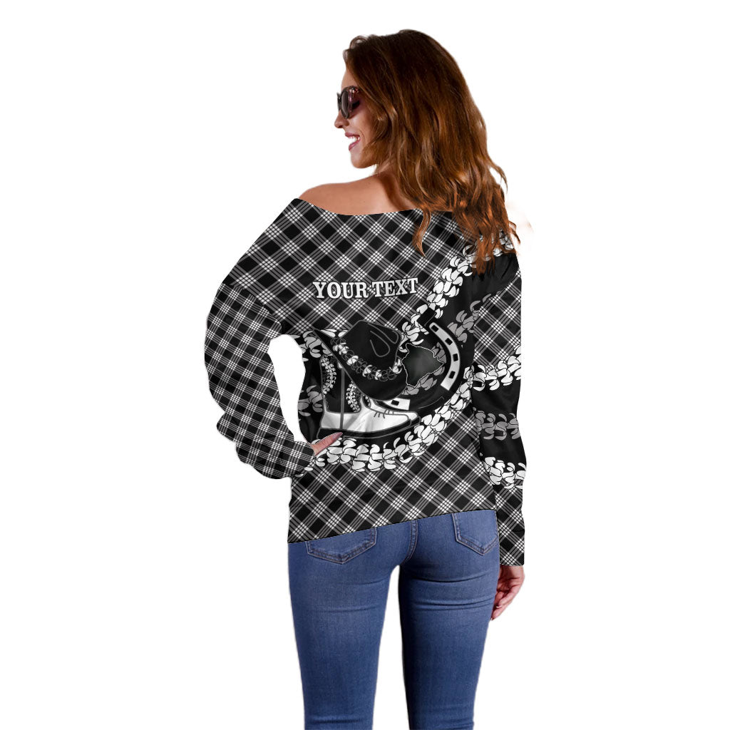 Eleele Hawaii Cowboy Palaka Motifs Personalised Off Shoulder Sweater Paniolo Festival Puakenikeni Lei LT14 - Polynesian Pride