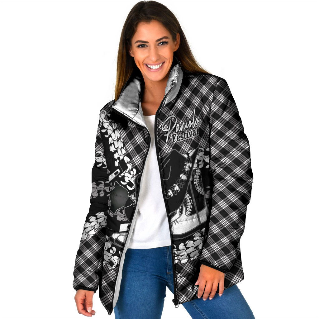 Eleele Hawaii Cowboy Palaka Motifs Personalised Padded Jacket Paniolo Festival Puakenikeni Lei LT14 Women Black - Polynesian Pride