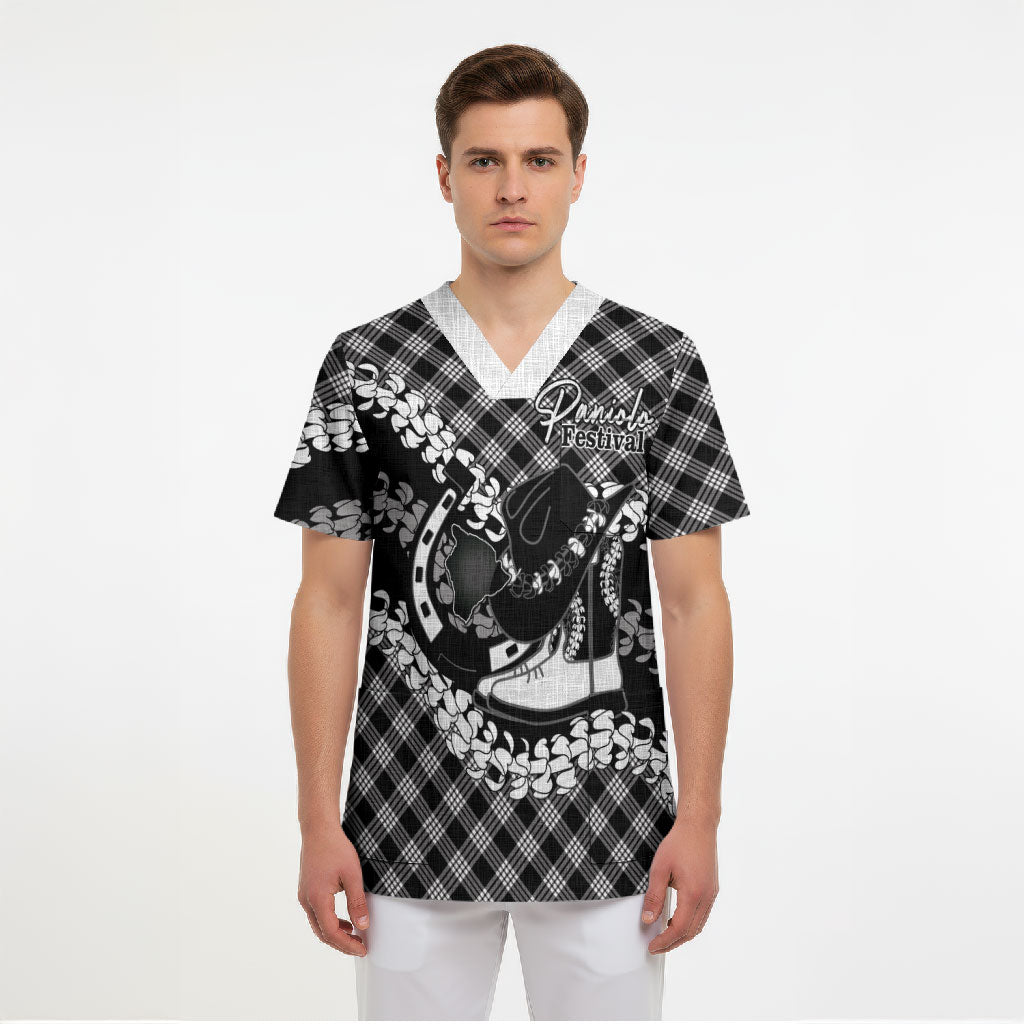 Eleele Hawaii Cowboy Palaka Motifs Personalised Scrub Top Paniolo Festival Puakenikeni Lei LT14 - Polynesian Pride