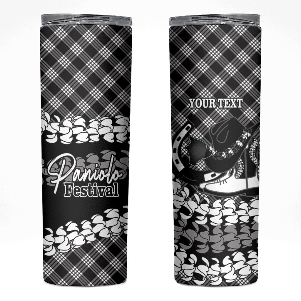 Eleele Hawaii Cowboy Palaka Motifs Personalised Skinny Tumbler Paniolo Festival Puakenikeni Lei LT14 Black - Polynesian Pride
