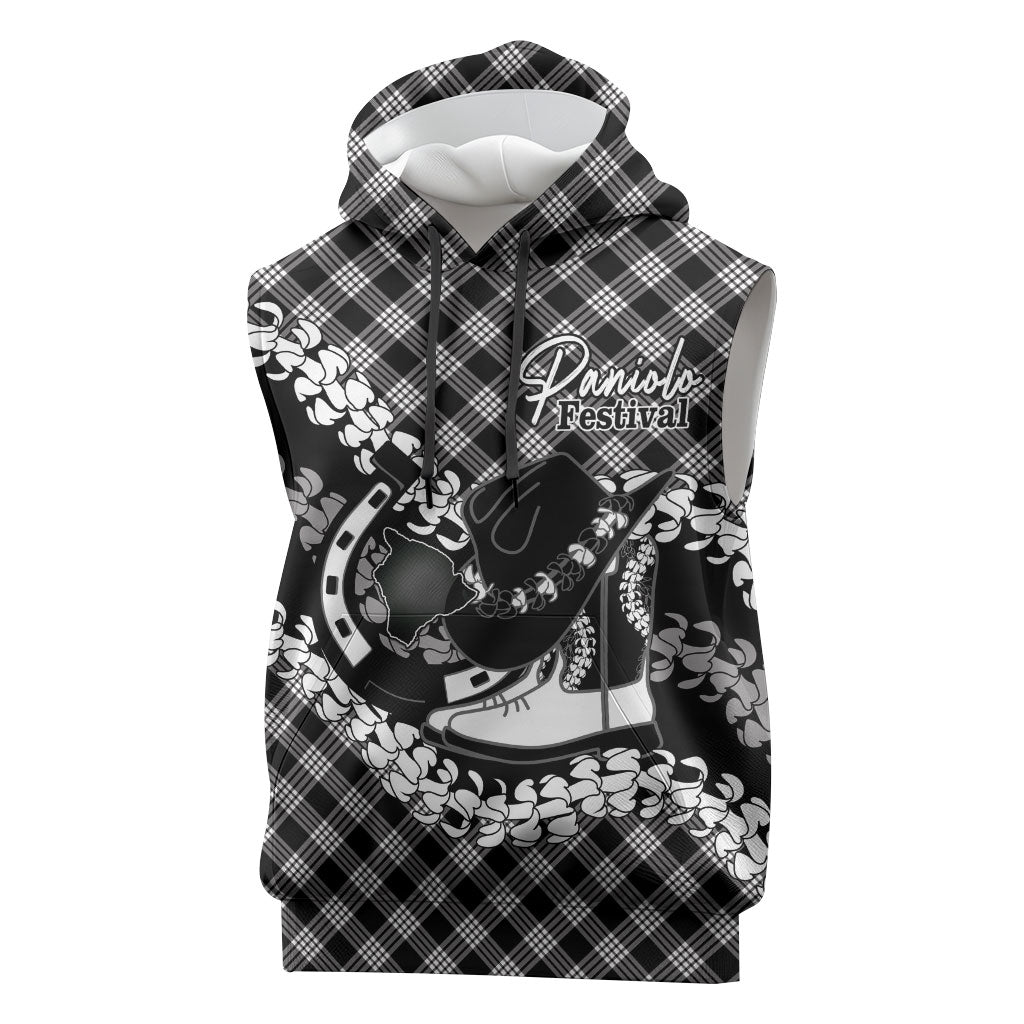 Eleele Hawaii Cowboy Palaka Motifs Personalised Sleeveless Hoodie Paniolo Festival Puakenikeni Lei