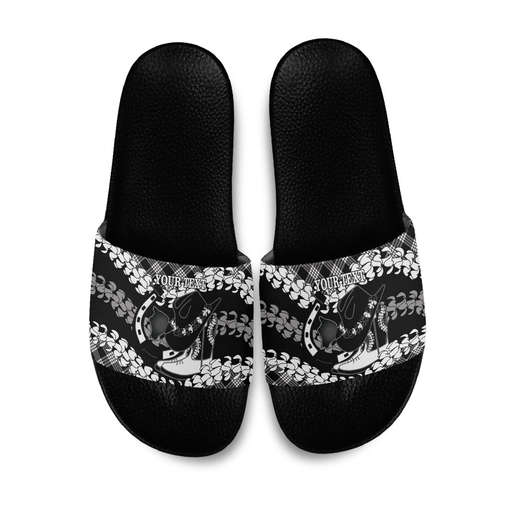 Eleele Hawaii Cowboy Palaka Motifs Personalised Slide Sandals Paniolo Festival Puakenikeni Lei LT14 Black - Polynesian Pride