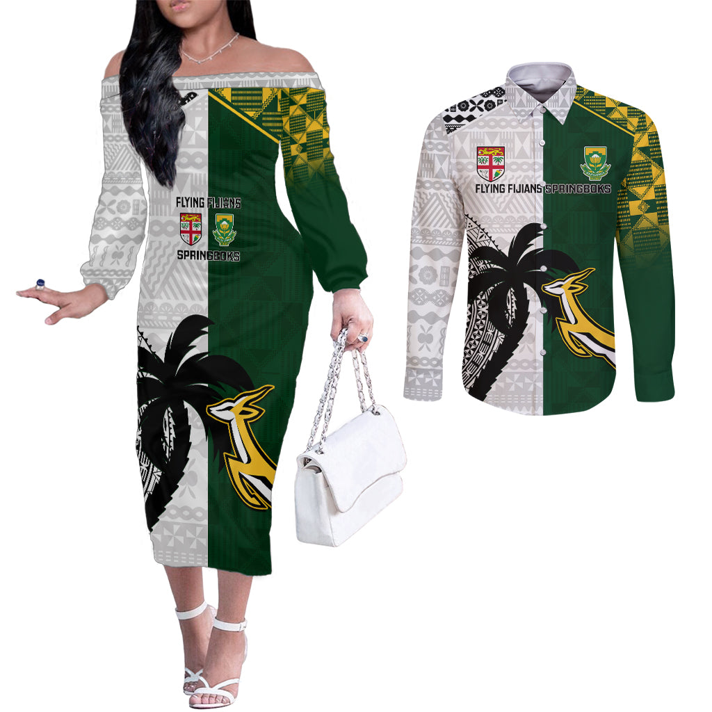 South Africa And Fiji Rugby Couples Matching Off The Shoulder Long Sleeve Dress and Long Sleeve Button Shirts 2023 World Cup Fijian Tapa With Kente Pattern LT14 Green - Polynesian Pride