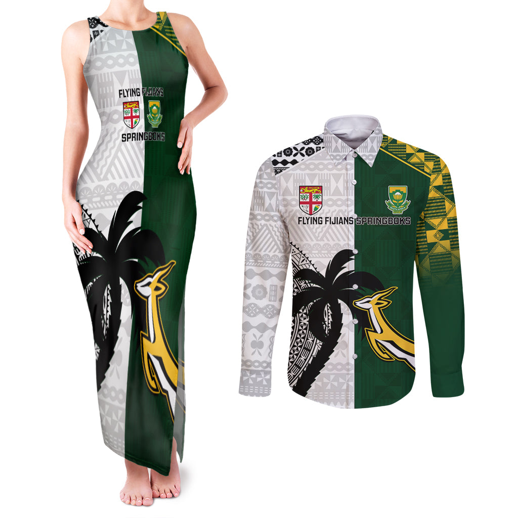 South Africa And Fiji Rugby Couples Matching Tank Maxi Dress and Long Sleeve Button Shirts 2023 World Cup Fijian Tapa With Kente Pattern LT14 Green - Polynesian Pride