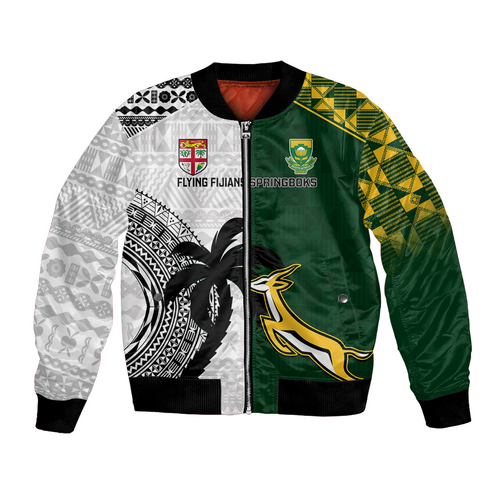 Custom South Africa And Fiji Rugby Bomber Jacket 2023 World Cup Fijian Tapa With Kente Pattern LT14 Unisex Green - Polynesian Pride