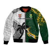 Custom South Africa And Fiji Rugby Bomber Jacket 2023 World Cup Fijian Tapa With Kente Pattern LT14 Unisex Green - Polynesian Pride
