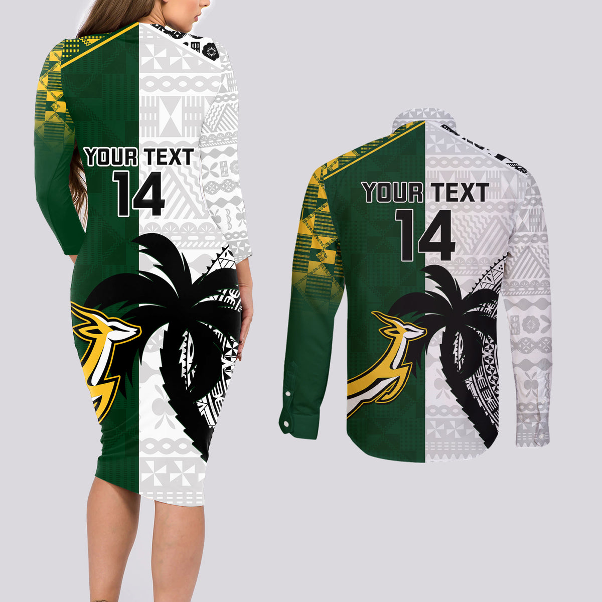 Custom South Africa And Fiji Rugby Couples Matching Long Sleeve Bodycon Dress and Long Sleeve Button Shirts 2023 World Cup Fijian Tapa With Kente Pattern LT14 - Polynesian Pride