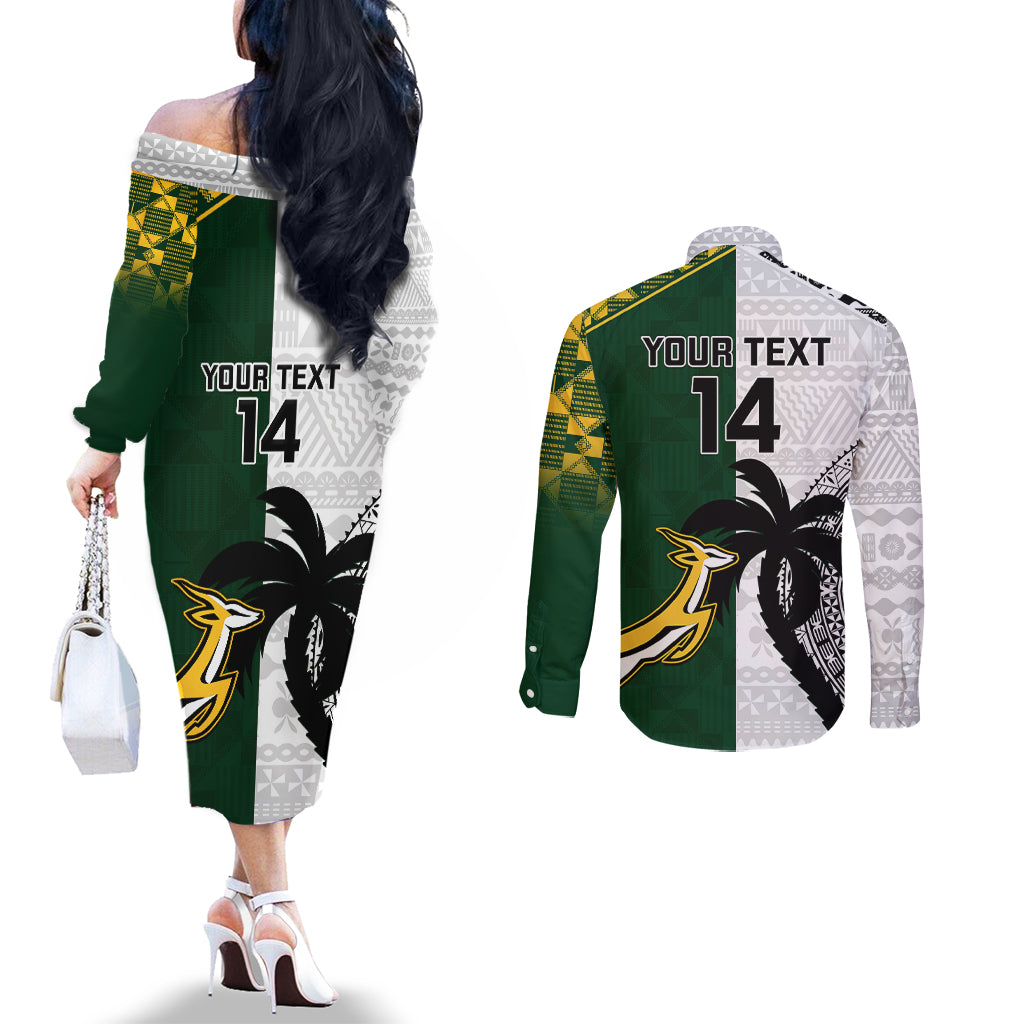 Custom South Africa And Fiji Rugby Couples Matching Off The Shoulder Long Sleeve Dress and Long Sleeve Button Shirts 2023 World Cup Fijian Tapa With Kente Pattern LT14 - Polynesian Pride