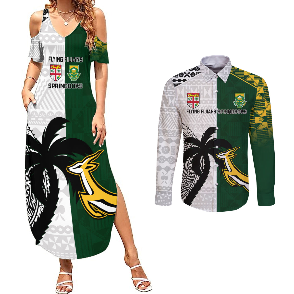 Custom South Africa And Fiji Rugby Couples Matching Summer Maxi Dress and Long Sleeve Button Shirts 2023 World Cup Fijian Tapa With Kente Pattern LT14 Green - Polynesian Pride