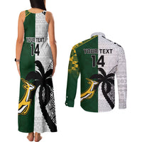 Custom South Africa And Fiji Rugby Couples Matching Tank Maxi Dress and Long Sleeve Button Shirts 2023 World Cup Fijian Tapa With Kente Pattern LT14 - Polynesian Pride