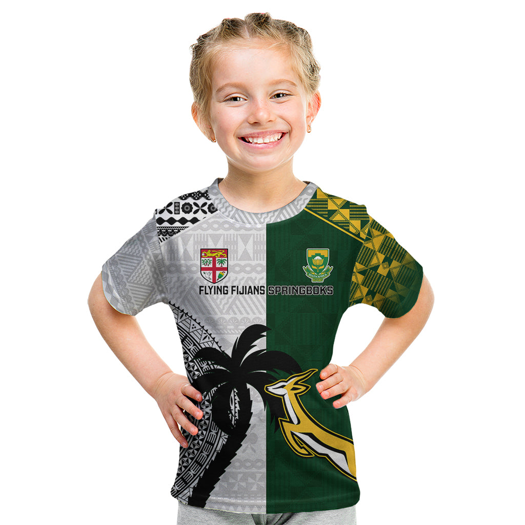 Custom South Africa And Fiji Rugby Kid T Shirt 2023 World Cup Fijian Tapa With Kente Pattern LT14 Green - Polynesian Pride