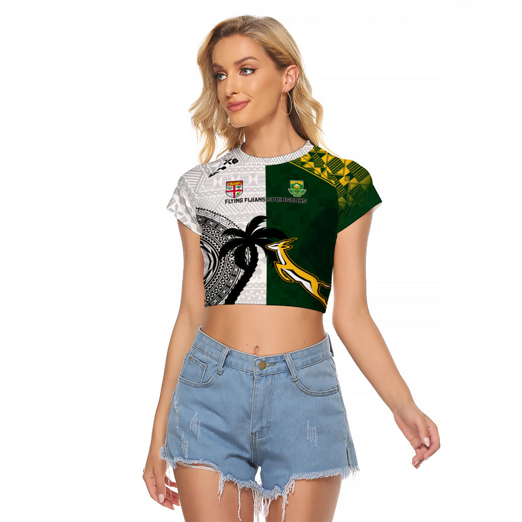 Custom South Africa And Fiji Rugby Raglan Cropped T Shirt 2023 World Cup Fijian Tapa With Kente Pattern LT14 Female Green - Polynesian Pride