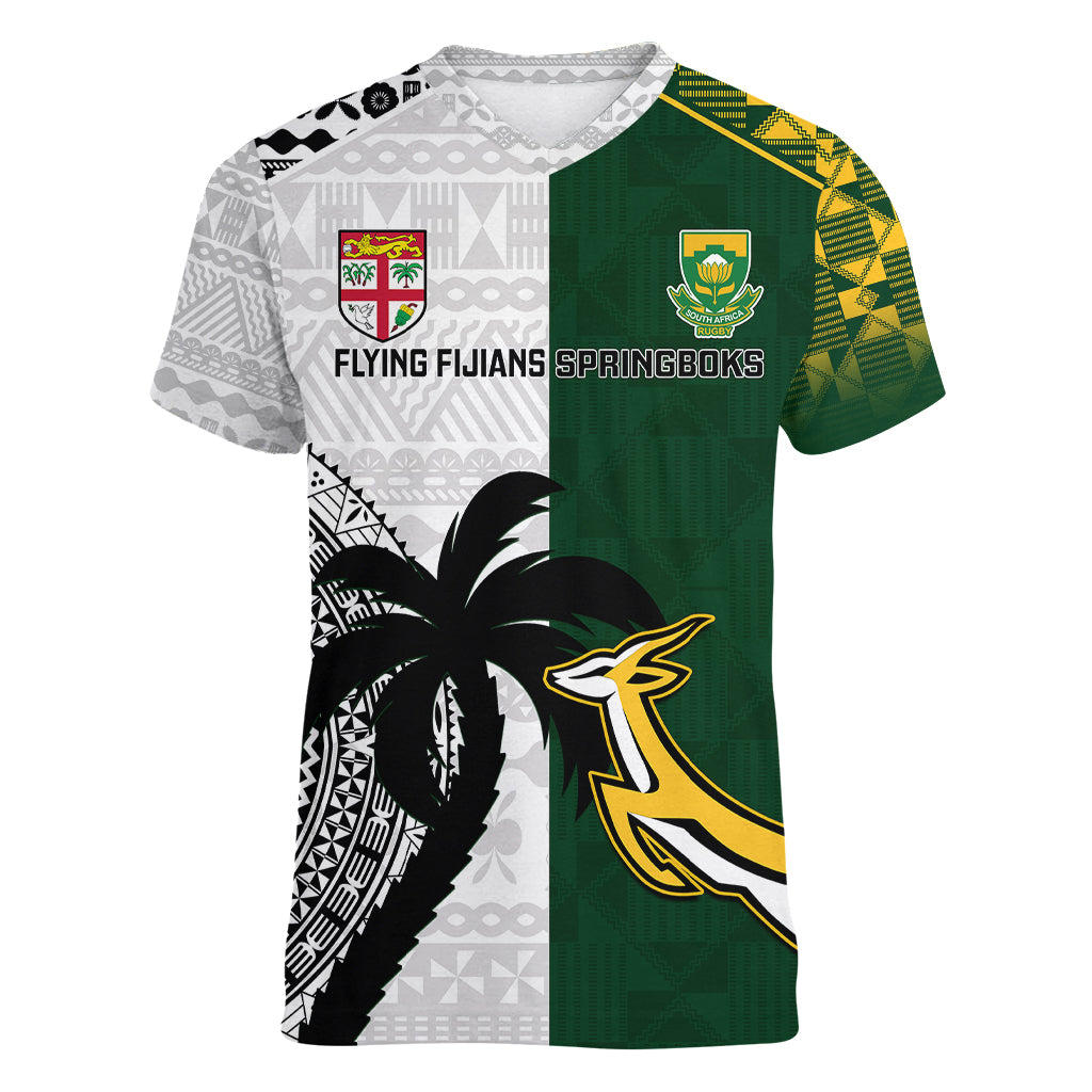 Custom South Africa And Fiji Rugby Women V Neck T Shirt 2023 World Cup Fijian Tapa With Kente Pattern LT14 Female Green - Polynesian Pride
