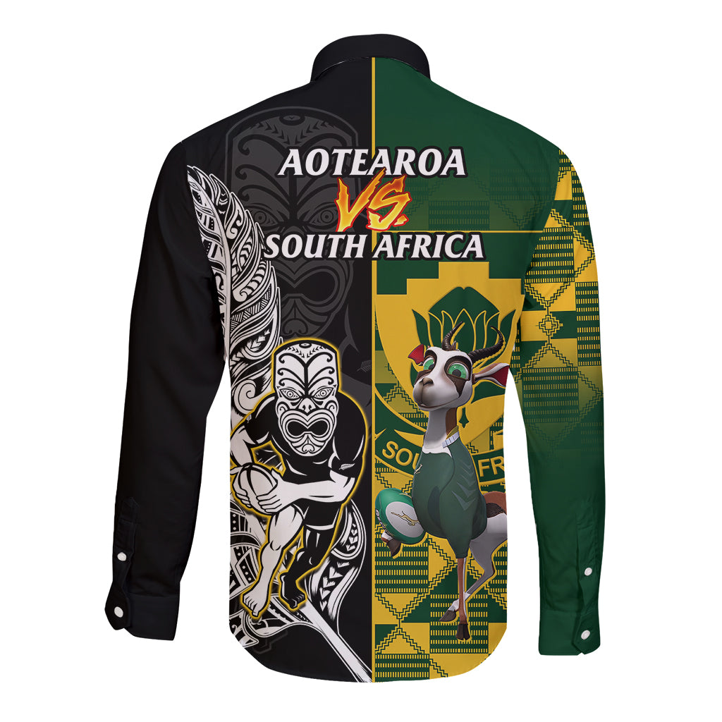 South Africa And Aotearoa Rugby Long Sleeve Button Shirt 2023 Springboks Kente Combine All Black Maori Fern LT14 - Polynesian Pride