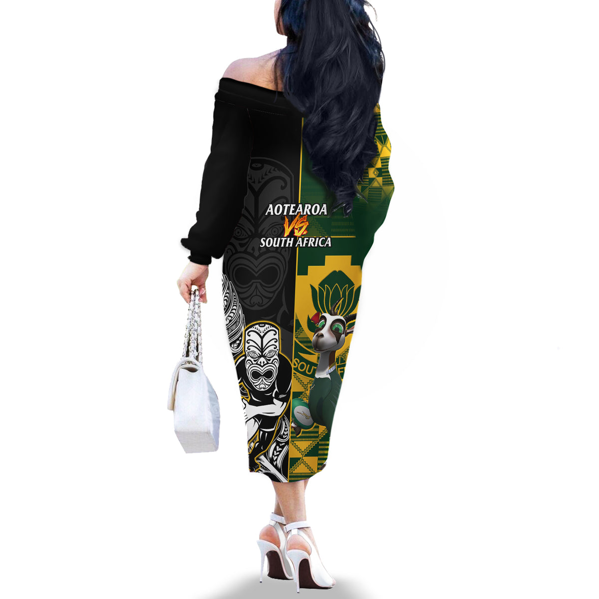 South Africa And Aotearoa Rugby Off The Shoulder Long Sleeve Dress 2023 Springboks Kente Combine All Black Maori Fern LT14 - Polynesian Pride