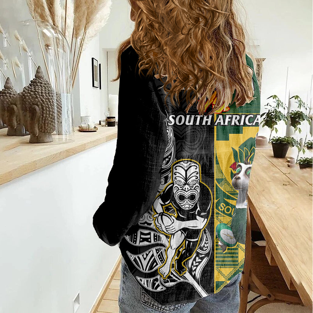South Africa And Aotearoa Rugby Women Casual Shirt 2023 Springboks Kente Combine All Black Maori Fern LT14 - Polynesian Pride