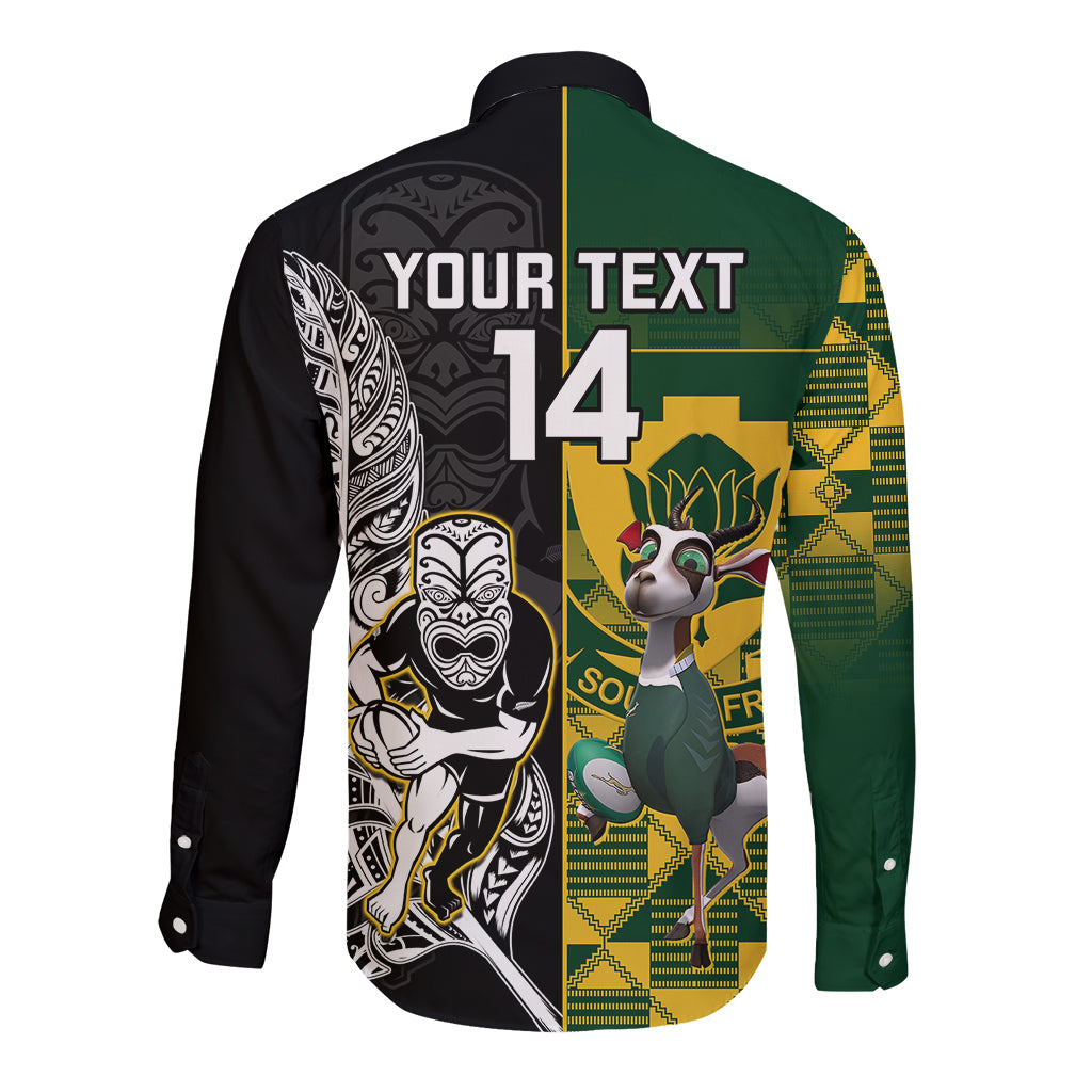 Custom South Africa And Aotearoa Rugby Long Sleeve Button Shirt 2023 Springboks Kente Combine All Black Maori Fern LT14 - Polynesian Pride