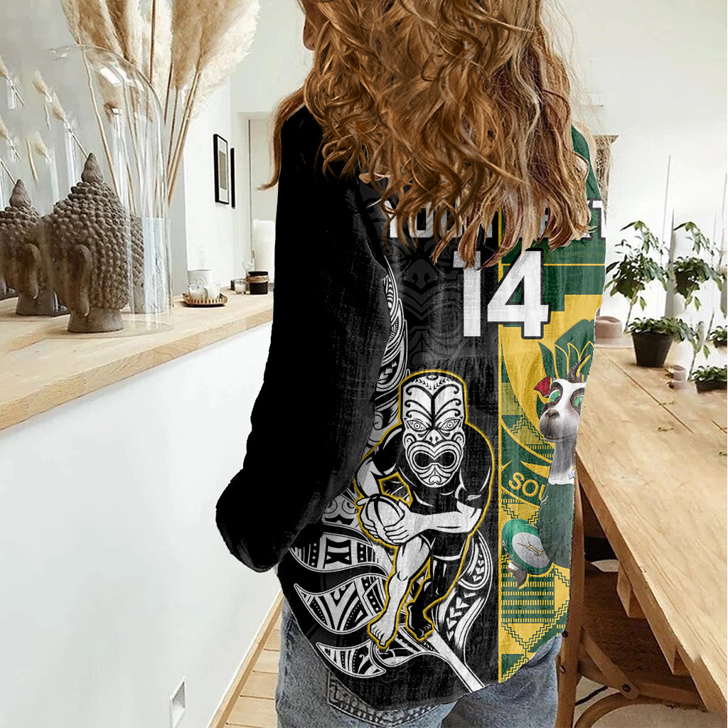 Custom South Africa And Aotearoa Rugby Women Casual Shirt 2023 Springboks Kente Combine All Black Maori Fern LT14 - Polynesian Pride