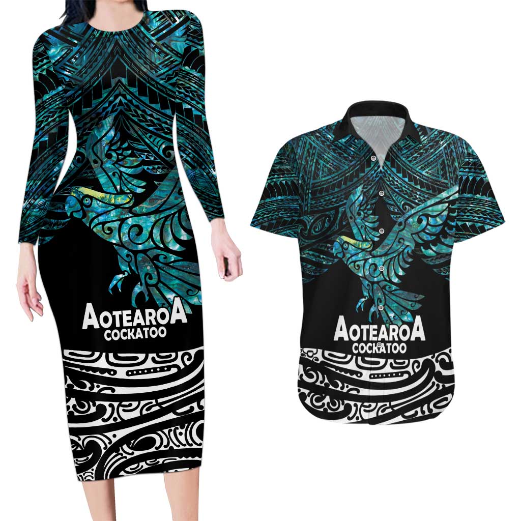New Zealand Sulphur-crested Cockatoo Couples Matching Long Sleeve Bodycon Dress and Hawaiian Shirt Aotearoa Maori Mix Paua Shell LT14 Turquoise - Polynesian Pride