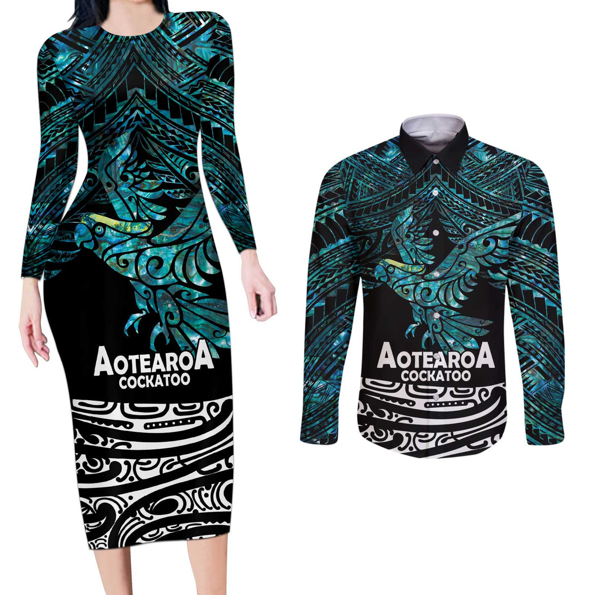 New Zealand Sulphur-crested Cockatoo Couples Matching Long Sleeve Bodycon Dress and Long Sleeve Button Shirt Aotearoa Maori Mix Paua Shell LT14 Turquoise - Polynesian Pride