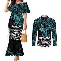 New Zealand Sulphur-crested Cockatoo Couples Matching Mermaid Dress and Long Sleeve Button Shirt Aotearoa Maori Mix Paua Shell LT14 Turquoise - Polynesian Pride