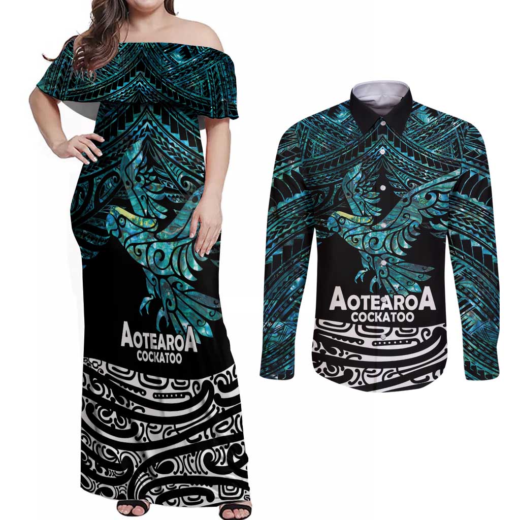 New Zealand Sulphur-crested Cockatoo Couples Matching Off Shoulder Maxi Dress and Long Sleeve Button Shirt Aotearoa Maori Mix Paua Shell LT14 Turquoise - Polynesian Pride